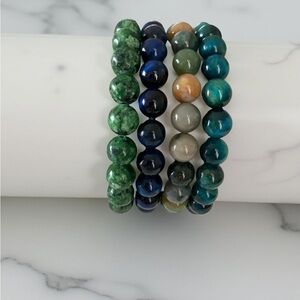 Set 4 Beaded Bracelets Stackable Stretch Earth Tones Greens Blues New W/Out Tag